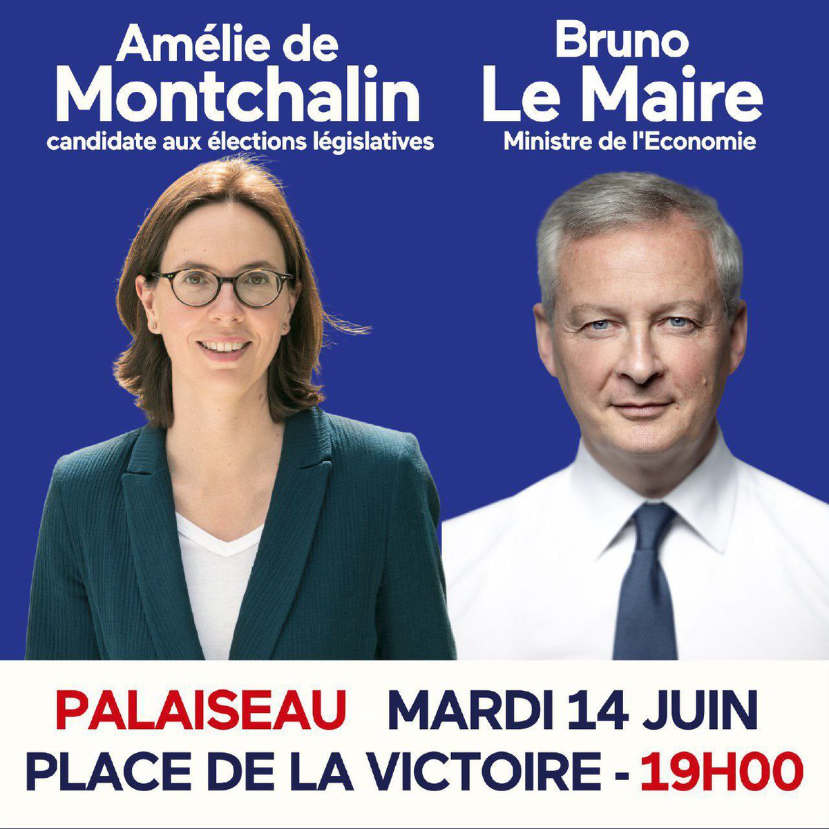 Je vous donne rendez-vous demain mardi, à 19h, Place de la Victoire à Palaiseau pour une grande réunion publique avec <a href="/BrunoLeMaire/">Bruno Le Maire</a> ! Nous parlerons de notre projet d’avenir pour notre économie et pour défendre votre pouvoir d’achat.