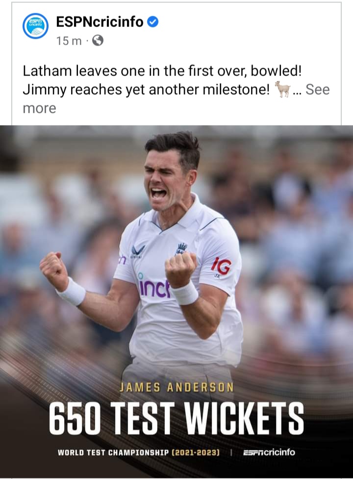 The person who made me watch test day and nights does it again !!! After a months of  trauma as a fan finally some fantastic cricket #JimmyAnderson650wickets #BCCI <a href="/ICC/">ICC</a> <a href="/BCCI/">BCCI</a> <a href="/EspnCricky/">Espn Cricket</a>