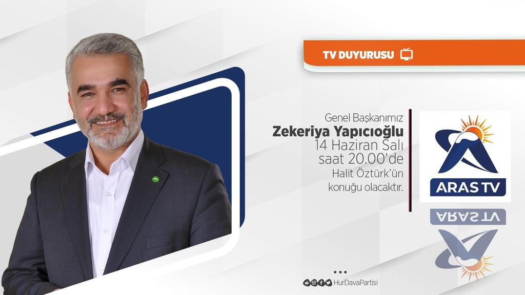Genel Başkanımız Sayın Zekeriya Yapıcıoğlu, 14 Haziran Salı saat 20.00'de Aras TV'de Halit Öztürk'ün konuğu olacaktır. İyi seyirler.