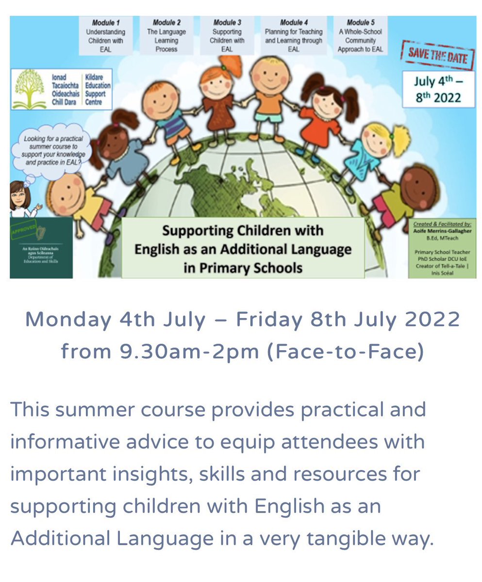 Aoife Merrins-Gallagher (@aoife_merrins_g) on Twitter photo EAL SUMMER COURSE
Join us <a href="/KECtweet/">Kildare ESC</a> from July 4th - 8th to develop key knowledge, practice & toolkits for your work with learners with EAL! Register 👇🏼
eckildare.ie/coursebooking/…
Please RT & Share!
#EdChatIE @ELSTA_2020 <a href="/Leargas/">Léargas</a> <a href="/MotherTonguesIE/">MotherTonguesIreland</a> EAL SUMMER COURSE
Join us <a href="/KECtweet/">Kildare ESC</a> from July 4th - 8th to develop key knowledge, practice & toolkits for your work with learners with EAL! Register 👇🏼
eckildare.ie/coursebooking/…
Please RT & Share!
#EdChatIE @ELSTA_2020 <a href="/Leargas/">Léargas</a> <a href="/MotherTonguesIE/">MotherTonguesIreland</a>