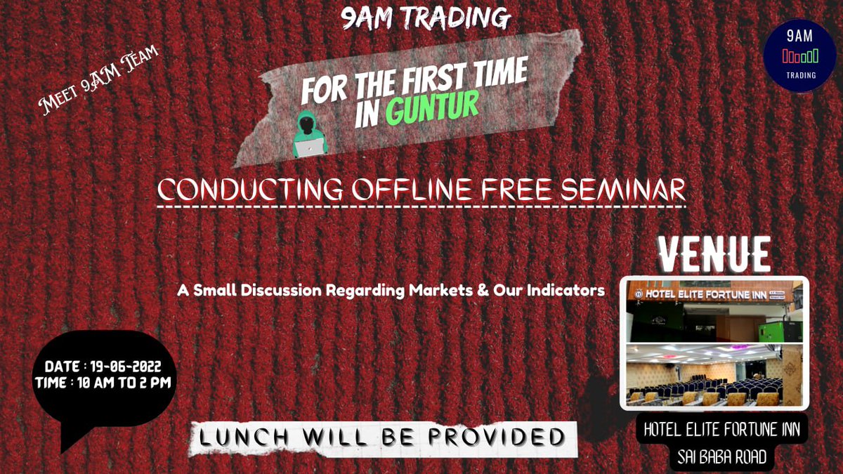 9amTrading's tweet photo. MARK YOUR CALANDER

WE ARE COMING TO GUNTUR ON 19TH🔥🔥🔥WE HAVE SEMINAR

ITS A FREE SEMINAR❤️❤️

THERE I WILL TEACH YOU ALL ABOUT MY INDICATORS🔥🔥🔥🔥

HOW YOU CAN MAKE MONEY ON THAT

SEMINAR WILL BE FOR 4-5 HOURS

AND ITS COMPLEMENTARY🎯

EVERY ONE IS INVITED https://t.co/awnBDIXi9B