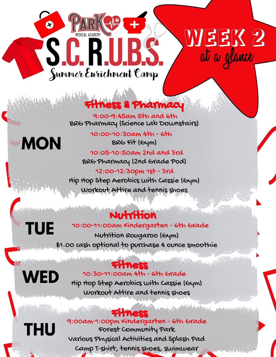 ParkMedical_EBR's tweet photo. SCRUBS Campers!!! Look what we have planned for you this week! Make sure you arrive rested and ready! It’s going to be a busy one! ❤️🐾 https://t.co/XfbKoJA5wQ