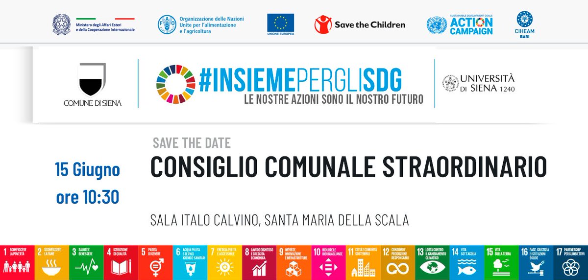 #InsiemepergliSDG: mercoledì 15 giugno al #santamariadellascala, consiglio comunale straordinario aperto al pubblico sui 17 obiettivi di #svilupposostenibile dell' <a href="/UN/">United Nations</a>. 
#comunedisiena