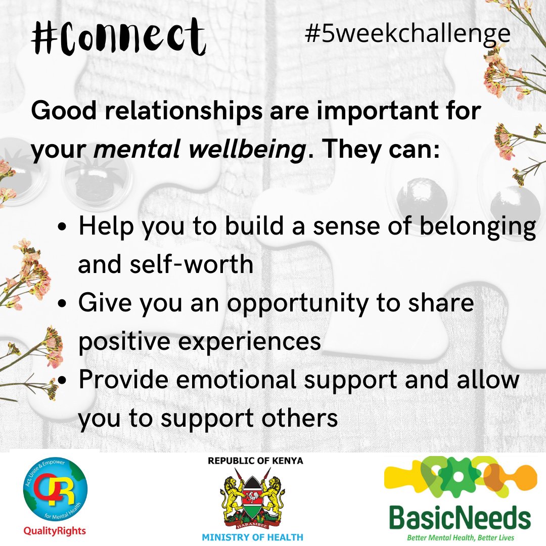 qualityrightske's tweet photo. Welcome to #week2 of the #5weekchallenge. Our theme is #connect. Below are some ways connections improve our mental well-being. #mentalhealth @BravinYuri https://t.co/CDB3LSn0nn
