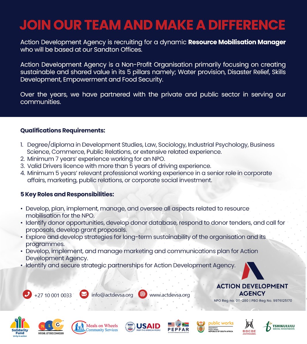 ActionDevAgency's tweet photo. Action Development Agency is recruiting for a dynamic Resource Mobilisation Manager who will be based at our Sandton Offices.

If you meet the requirements below, kindly email your CV to: 

📧info@actdevsa.org
#jobs #jobsearch  #jobvacancy #jobseekers #JobSeekersSA https://t.co/97niWolHz5