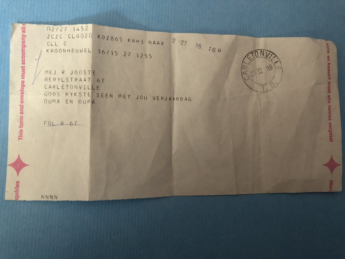 DURITZ79's tweet photo. A telegram from my ouma and oupa on my birthday in 1989 #randomthings #Ifound #kidsdontknow https://t.co/FpJCGZDaMT