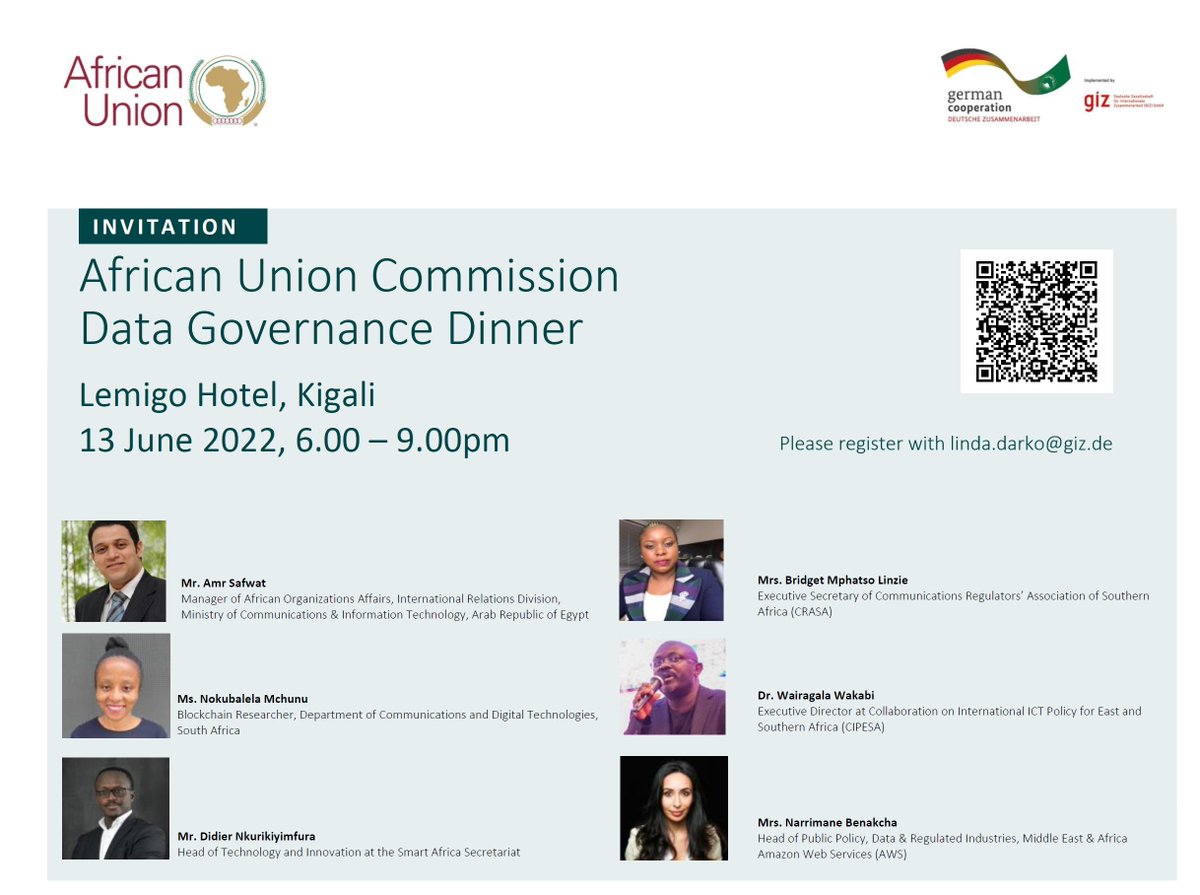 Tonight in Kigali! ✨
Please join us for the @_AfricanUnion Commission's #DataGovernance Dinner at 6PM at Lemigo Hotel on the sidelines of the @ITU @WTDCInKigali 2022. Looking forward to have an insightful discussion on #datapolicy in #Africa with this exiting panelists 👇