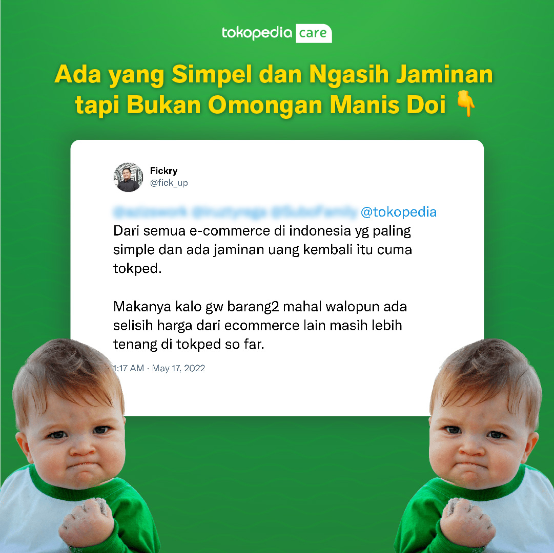 TokopediaCare's tweet photo. Daripada mikirin omongan dan janji manis doi, mending belanja di @tokopedia ππ
Kayak #KataToppers dari Kak @fick_up, yang bilang di Tokopedia itu simpel dan terjamin amannya soalnya ada Tim @TokopediaCare juga yang #SelaluAdaSolusi untuk kamu! https://t.co/2J99tRoNv5