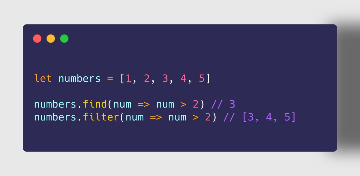 ➎ Array.prototype.filter()➏ Array.prototype.find()➤ Use Case To find element(s) which match a criteria Use find() to find the first matched element Use filter() to find all matched elements✩✩ filter() returns a new array of matched elements