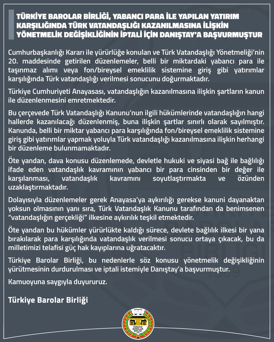 Türkiye Barolar Birliği, Yabancı Para İle Yapılan Yatırım Karşılığında Türk Vatandaşlığı Kazanılmasına İlişkin Yönetmelik Değişikliğinin İptali İçin Danıştay’a Başvurmuştur

👉 tbb.av.tr/619