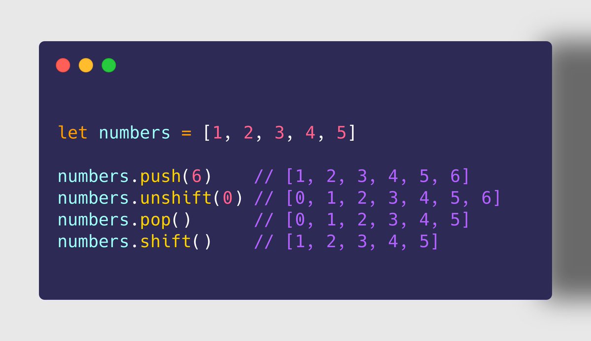 Array.prototype's➒ push()➓ pop()➊➊ shift()➊➋ unshift()➤ Use Case Use push() and pop() to insert/remove elements from the end. Use shift() and unshift() to insert/remove elements from the start.✩✩ These methods modify the existing array