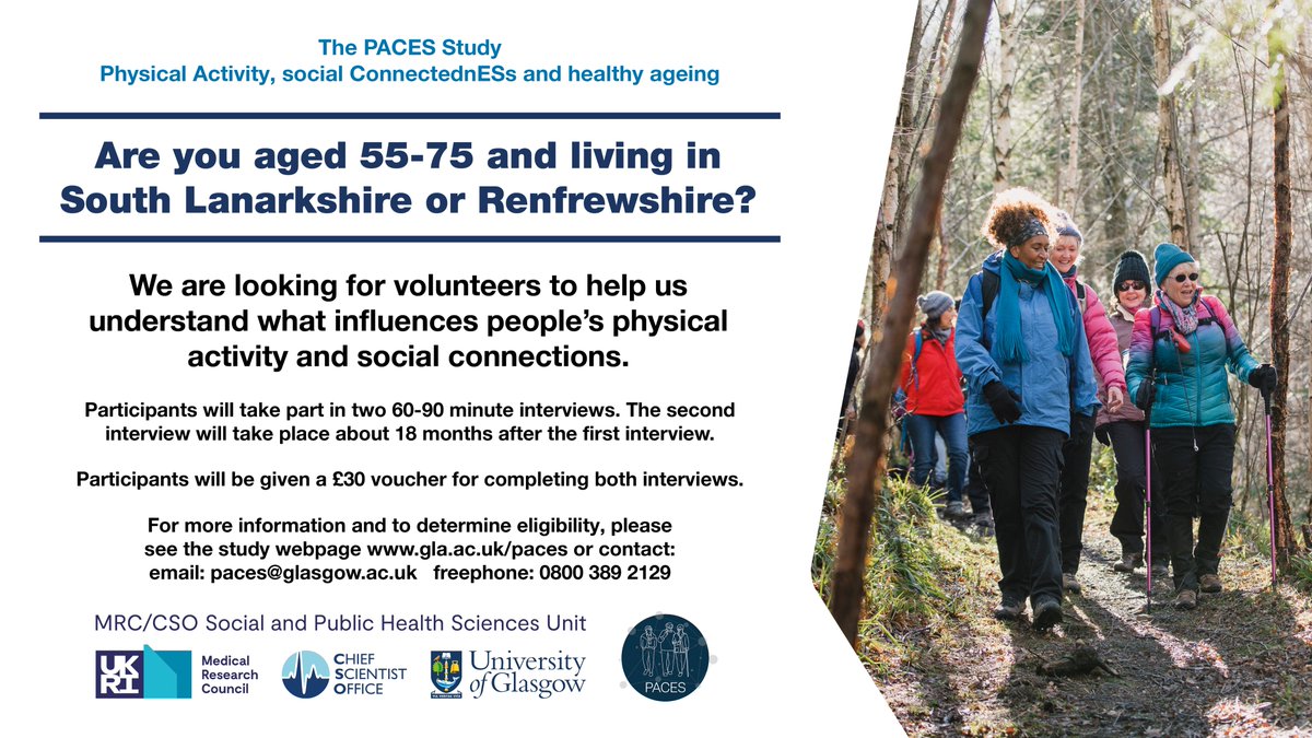 Emily Long (@dremily_long) on Twitter photo New study! ** Seeking participants ** aged 55-75 from South Lanarkshire and Renfrewshire. £30 voucher for 2 interviews.
Study webpage: gla.ac.uk/paces
Please help spread the word.
@SPHSUComplexity
<a href="/SPHSU_SocRels/">SPHSU SocRels</a> New study! ** Seeking participants ** aged 55-75 from South Lanarkshire and Renfrewshire. £30 voucher for 2 interviews.
Study webpage: gla.ac.uk/paces
Please help spread the word.
@SPHSUComplexity
<a href="/SPHSU_SocRels/">SPHSU SocRels</a>