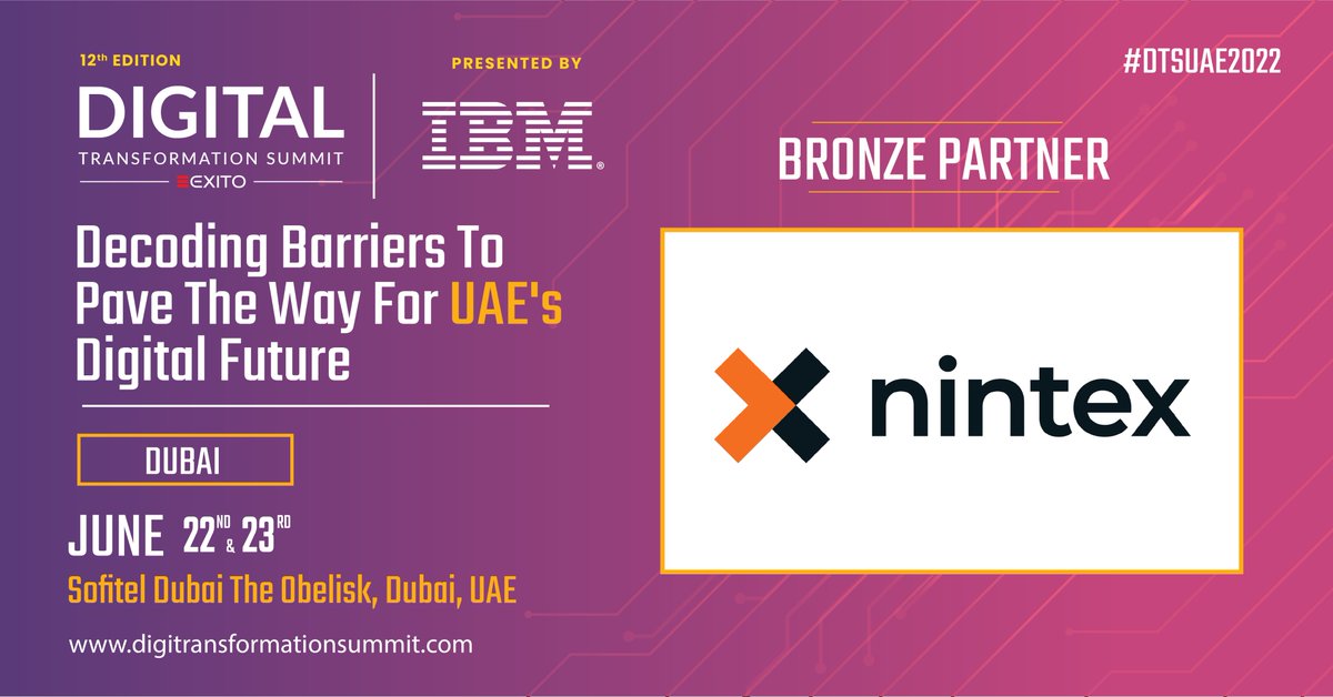 ExitoEvents's tweet photo. We are thrilled to announce @Nintex as a Bronze Partner at the 12th Edition - Digital Transformation Summit ๐๐๐ Presented by @IBM.
Website: https://t.co/IaLdNS7hWO
#exito #exitoevents #DTSUAE2022 #digitaltransformationleaders #uaeevents #nintex #physicalevents https://t.co/XCsJBnpg7k