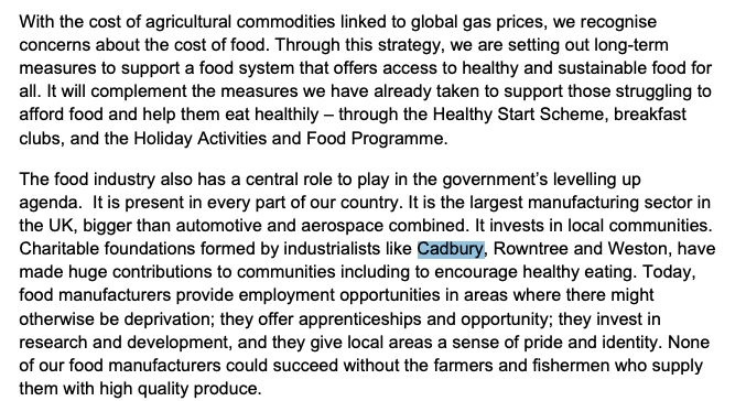 You can tell something about the overall *mood* of the Government Food Strategy that on the first page, the first organisation credited with helping Britain to eat more healthily is...Cadbury. Even by the industry-loving standards of British food policy, this is staggering.