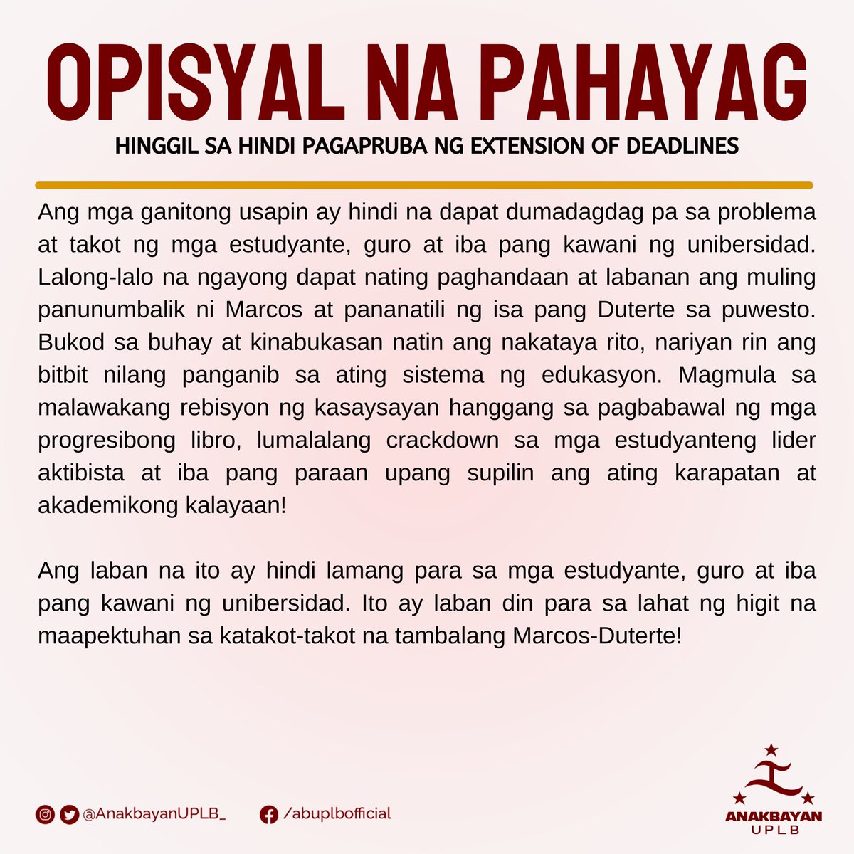AnakbayanUPLB_'s tweet photo. Kaya naman hamon sa ating lahat na ipaglaban ang tunay na Academic Ease at itambol na higit kailanman ay mas higit pa sa pag-aaral sa loob ng unibersidad ang tungkulin natin sa bayan!

#AcadEaseNow
#NoToMAD https://t.co/AIPYosQ23K