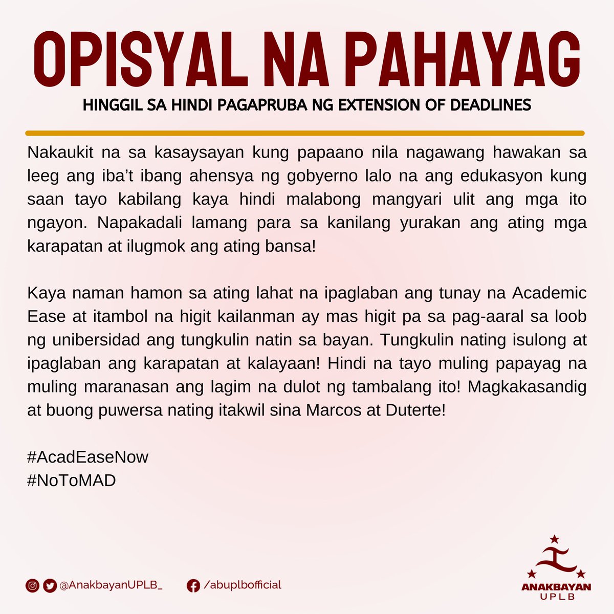 AnakbayanUPLB_'s tweet photo. Kaya naman hamon sa ating lahat na ipaglaban ang tunay na Academic Ease at itambol na higit kailanman ay mas higit pa sa pag-aaral sa loob ng unibersidad ang tungkulin natin sa bayan!

#AcadEaseNow
#NoToMAD https://t.co/AIPYosQ23K