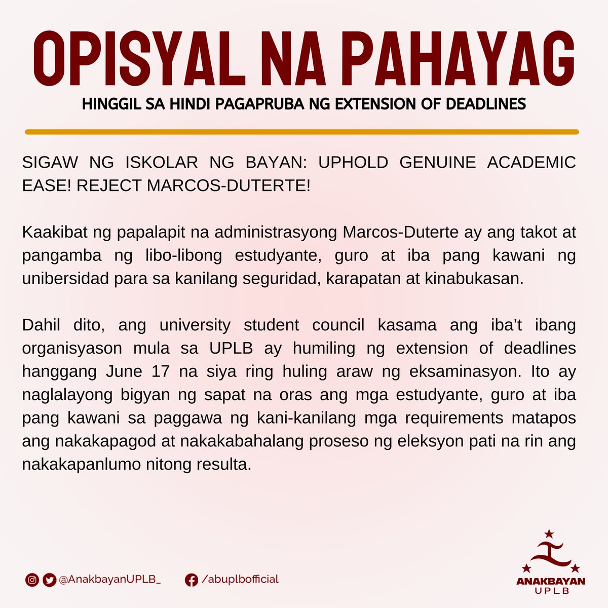 AnakbayanUPLB_'s tweet photo. Kaya naman hamon sa ating lahat na ipaglaban ang tunay na Academic Ease at itambol na higit kailanman ay mas higit pa sa pag-aaral sa loob ng unibersidad ang tungkulin natin sa bayan!

#AcadEaseNow
#NoToMAD https://t.co/AIPYosQ23K