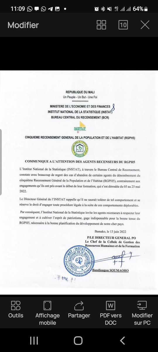 RGPH5MALIBCR's tweet photo. Communiqué de l'Institut National de la Statistique (#INSTAT) à l'attention des Agents Recenseurs du #RGPH5 👇 https://t.co/wPwu2V22j9