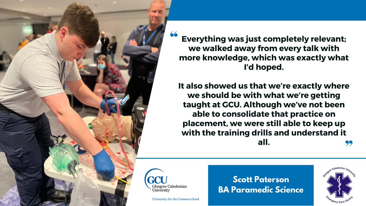 Paramedic Science student Scott Paterson spoke about his involvement at the @European_EMS Congress in Glasgow 🚑 Members of @gcustudents Emergency Care Society put their learning into practice, while also attending talks and demonstrations 👏 Read 👉 bit.ly/3Qd7cae