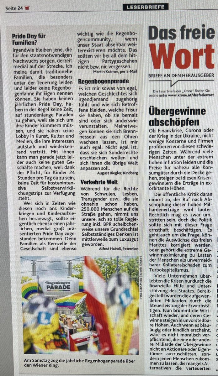 annafl28's tweet photo. Das ist so ein queerfeindlicher Müll, den die @krone_at da aus mehreren Einsendungen zusammengetragen hat… deswegen erst recht #PrideMonth #pride #pridemonth2022 https://t.co/ZJZc5bRpOK