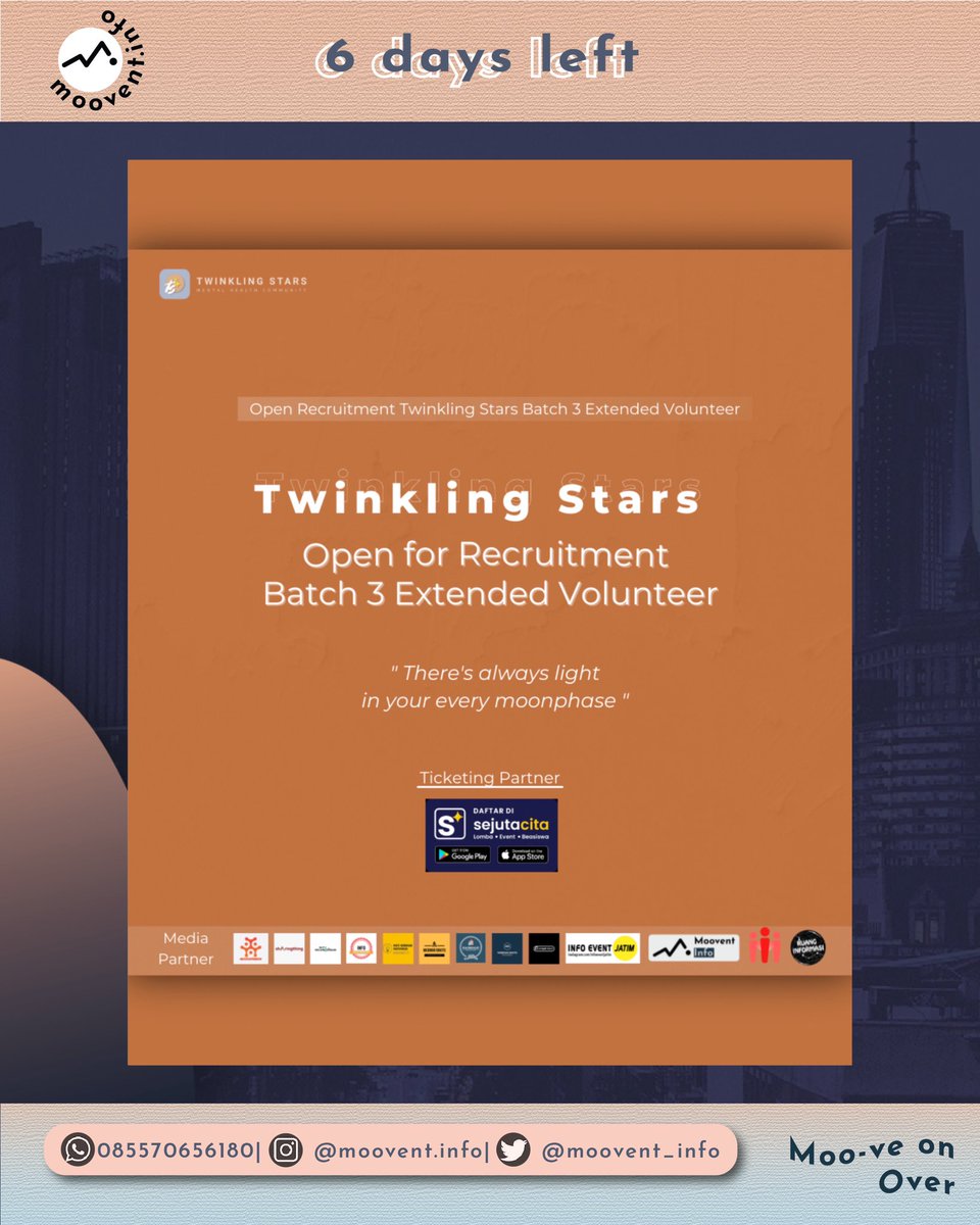 moovent_info's tweet photo. 𝐈𝐍𝐈 | Info Terkini •Volunteer•

Ayo! ikuti 𝐎𝐏𝐄𝐍 𝐑𝐄𝐂𝐑𝐔𝐈𝐓𝐌𝐄𝐍𝐓 𝐁𝐀𝐓𝐂𝐇 𝟑 𝐄𝐗𝐓𝐄𝐍𝐃𝐄𝐃 𝐕𝐎𝐋𝐔𝐍𝐓𝐄𝐄𝐑 𝐓𝐖𝐈𝐍𝐊𝐋𝐈𝐍𝐆 𝐒𝐓𝐀𝐑𝐒 𝐌𝐄𝐍𝐓𝐀𝐋 𝐇𝐄𝐀𝐋𝐓𝐇 𝐂𝐎𝐌𝐌𝐔𝐍𝐈𝐓𝐘

Hallo Mooniest! 🤩✨

Twinkling Stars kembali membuka Batch 3 Volunteer! https://t.co/ibc9bqS9eG