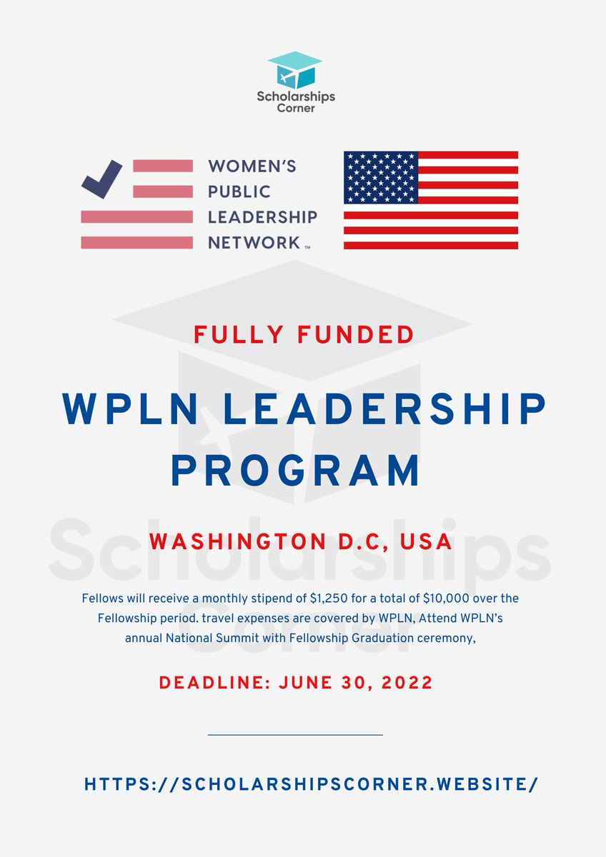 scholar_corner's tweet photo. WPLN Leadership Program 2022-23 in USA | Fully Funded
Link: https://t.co/zsvkFToWdM
Deadline: June 30, 2022.
#ScholarshipsCorner #leadership #leadershipdevelopment #fellowship #fellowships #WPLNFellowshipprogram #wpln #USA #students #university #youth https://t.co/xgOSXHXlIo
