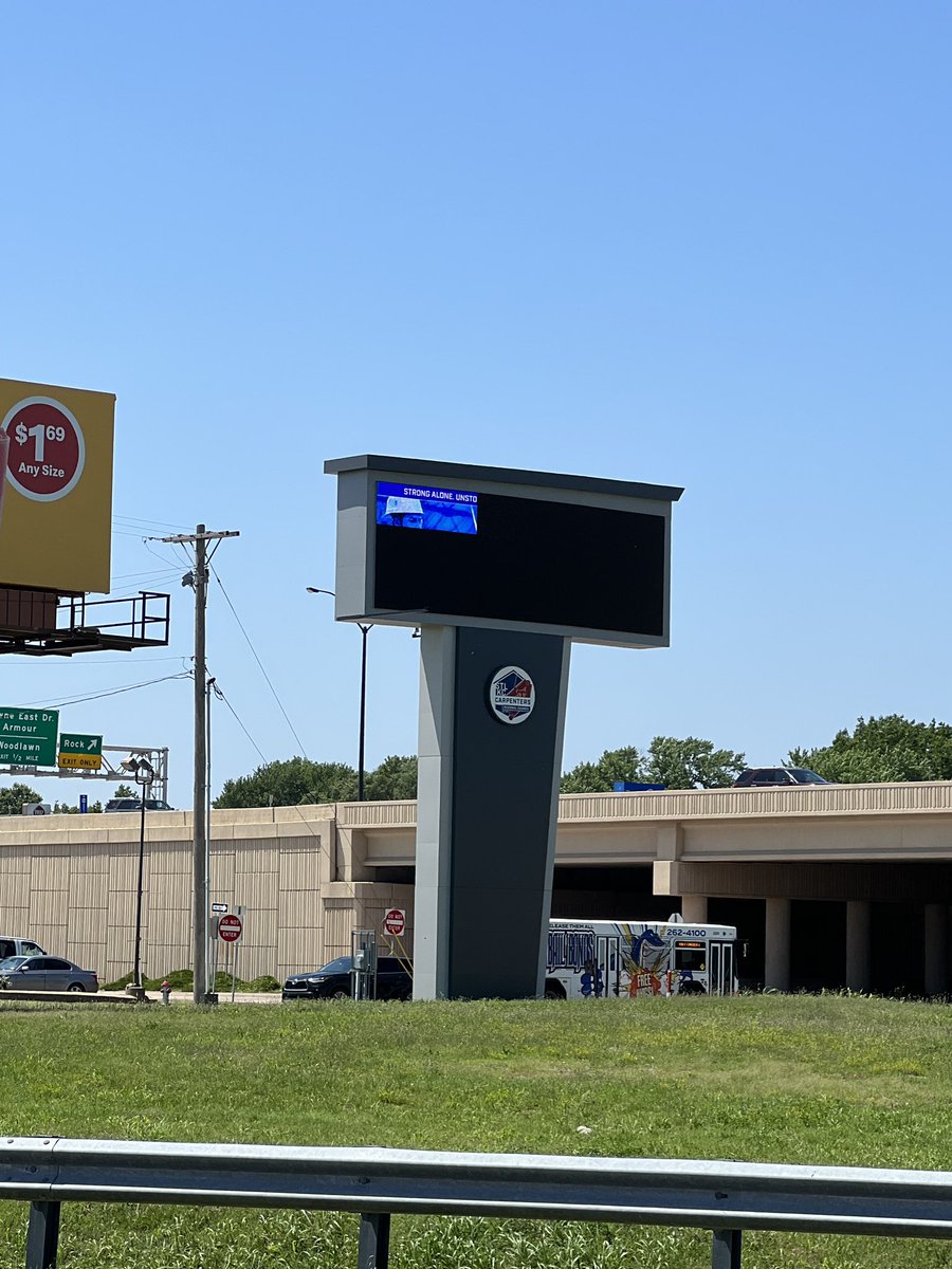 gouldj77's tweet photo. if you’re in Wichita and want to see Al Bond’s $1.33M multimedia LED sign in front of the @MidAmCarpenters training center. make sure you’re heading in the right direction; the display is broken on one side. #Metaphor #Interrail #FoxPoint #UnionFraud https://t.co/sN27ilGSdS