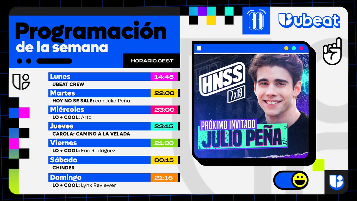 UBEAT's tweet photo. 🗓 Lo más destacado de la semana en la TV: @juliopfernandex visita @HoyNoSeSale, #Chinder, @LynxReviewer, @EricRod_LYV y mucho más. ✨
📺 En @MovistarPlus, @OrangeTV_es, @telecable_AS, @euskaltel, @os_de_R y @tvplayer_es. https://t.co/IsQnDp60aW