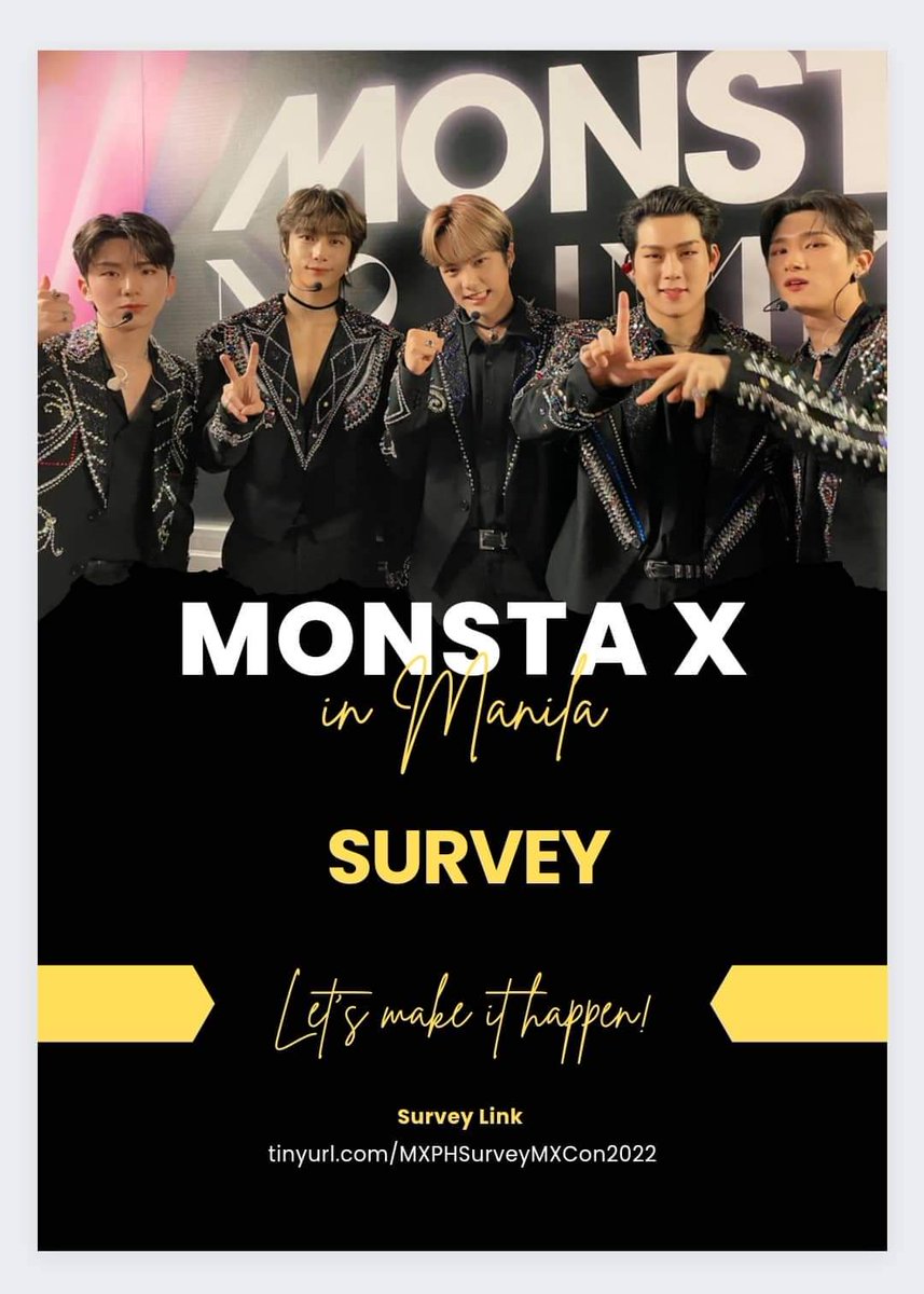 MonstaX_PH's tweet photo. Monbebes! It's finally happening! Concert organizers are planning for an event which will include Monsta X in the line up or it could be a possible solo concert

Answer this survey now: https://t.co/jNpSbkmReW

Help us let them know how many monbebes are waiting to see Monsta X! https://t.co/oPblNRjxqQ