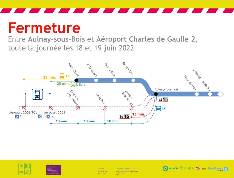 [TRAVAUX 🚧] Ce week-end, samedi 18 et dimanche 19 juin, des travaux de modernisation de l’axe nord imposeront l’interruption des circulations dans les deux sens toute la journée entre les gares d’Aulnay-sous-Bois et l'Aéroport CDG 2. [1/3]