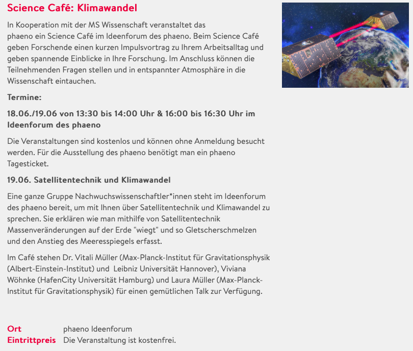 mpi_grav's tweet photo. Am Sonntag (19. Juni) in #Wolfsburg? Dort gibt es im Ideenforum des @phaeno_WOB ein #ScienceCafe „Satellitentechnik und #Klimawandel“. Von 13:30-14:00 und 16:00-16:30 stehen auch zwei @mpi_grav-Wissenschaftler:innen für eure Fragen bereit. #GRACEFollowOn #wisskomm https://t.co/vxyIm1NzHX