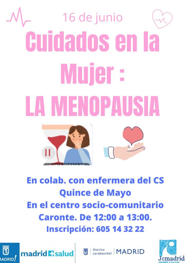 ¿Te gustaría aumentar información y cuidados que favorezcan en la etapa de menopausia? 
📣 El jueves 16 de junio a las 12.00 hs taller en el Centro Socio-Comunitario Caronte ¡Acércate y reserva tu plaza! 
✨ Más información e inscripciones: 605143222 #CarabanchelTeCuida