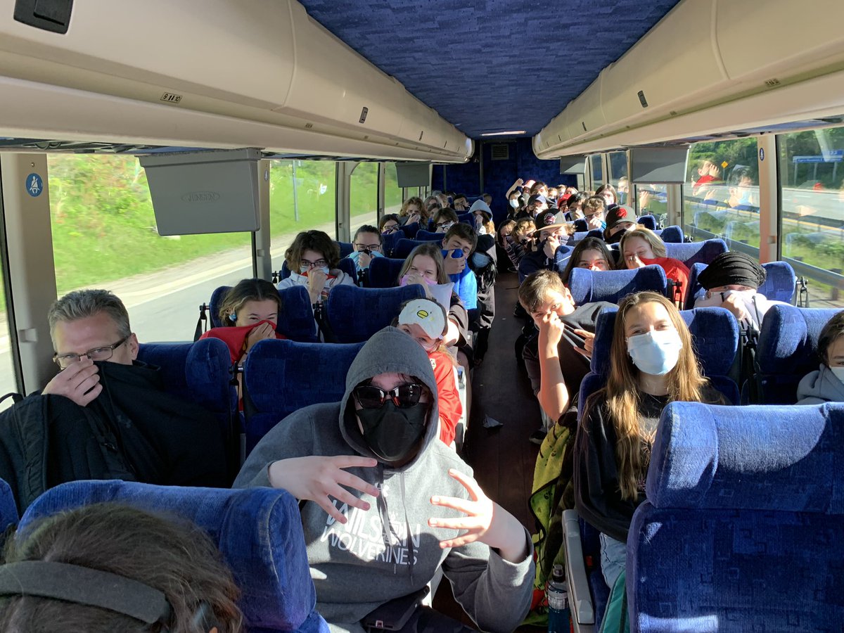 On our way to Wonderland to perform. 50 kids and one broken coach bus toilet. Thankful for masks!