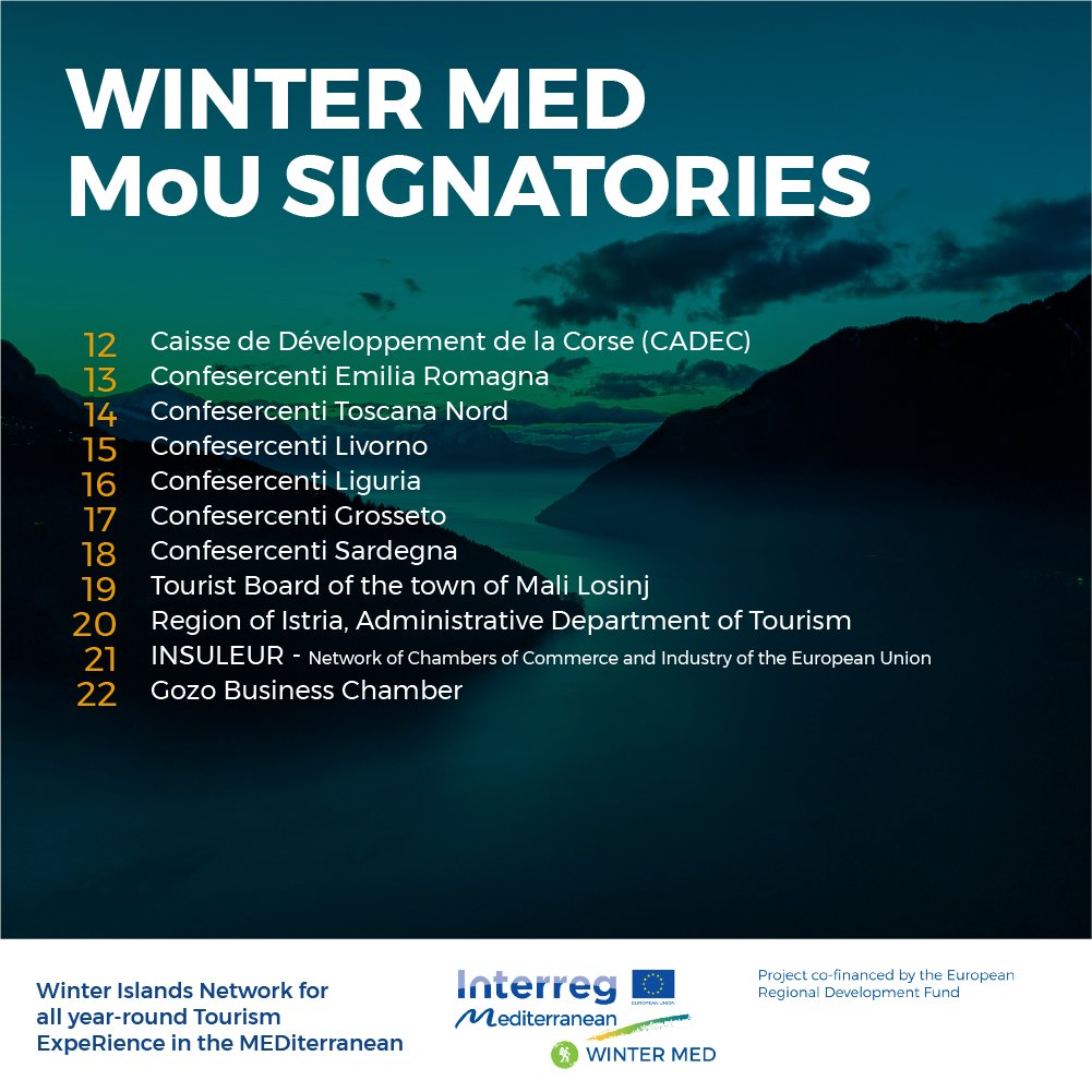 WINTER MED (@med_winter) on Twitter photo The #WINTERMED MoU aims to ensure the continuity of the transnational cooperation to build an inclusive and coordinated approach to tourism across the #Mediterranean.
To date, 22 organisations have signed the MoU.
MoU👉bit.ly/3hejA9V
Inquire 👉 info@crpm.org The #WINTERMED MoU aims to ensure the continuity of the transnational cooperation to build an inclusive and coordinated approach to tourism across the #Mediterranean.
To date, 22 organisations have signed the MoU.
MoU👉bit.ly/3hejA9V
Inquire 👉 info@crpm.org