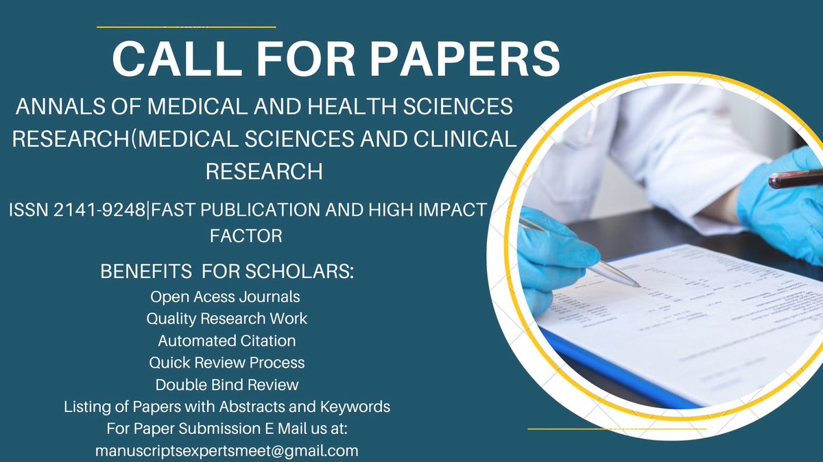 summit_vaccine's tweet photo. Interested in publishing your Research Work in Medical Sciences ,then get your papers published in the "Journal Annals of Medical and Health Sciences Research(Medical Sciences and Clinical Research)."
for paper submission mail us at:manuscriptsexpertsmeet@gmail.com
#publication https://t.co/H7VlLv933n
