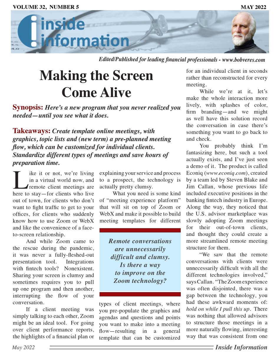 TheMeetingsHub's tweet photo. The May 2022 edition of @BobVeres' Inside Information, described The Conversation Hub as "a new program that you never realized you needed…"
 
Get in touch to find out why.
 
#visualengagement #theconversationhub #virtualmeetings #wealthtech #wealthmanagement #financialadvice https://t.co/TswlRfQrRG
