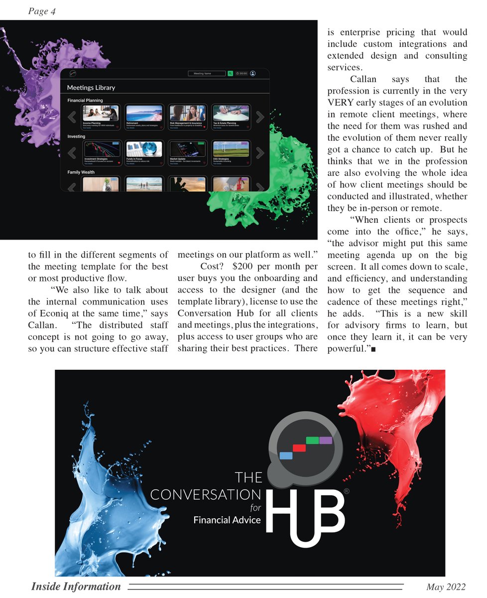 The May 2022 edition of <a href="/BobVeres/">Bob Veres</a>' Inside Information, described The Conversation Hub as "a new program that you never realized you needed…"
 
Get in touch to find out why.
 
#visualengagement #theconversationhub #virtualmeetings #wealthtech #wealthmanagement #financialadvice