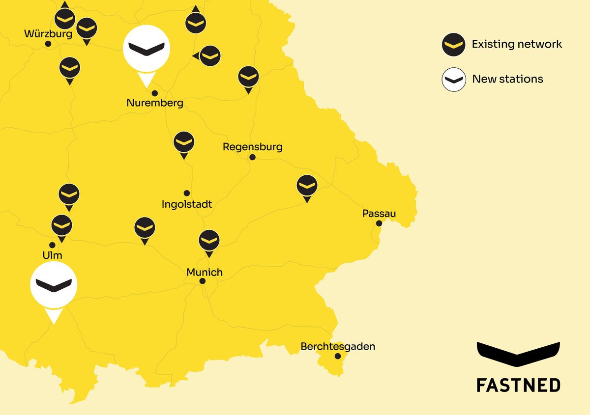 Fastned's tweet photo. We’re off to a good start this week, opening two stations in Germany🇩🇪! Enjoy our first inner-city charging hub at Fürth (up to 3x300kW) and more charging opportunities at Leutkirch, near the A96 highway (up to 4x300kW). Happy Monday!⚡️ https://t.co/8xqqoot1VM