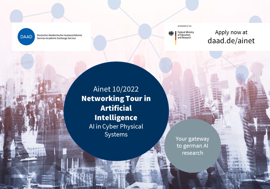 DAAD_Germany's tweet photo. Interested in #postdoc opportunities in #AI? Apply now for our virtual Networking Tour in AI in #CyberPhysicalSystems to learn more about the German research landscape &amp; get in touch with leading scientists ➡️https://t.co/Io6fTDBW3O

Deadline: 1 August! 

#PostdocNeTAI https://t.co/KwYlXo0MgA