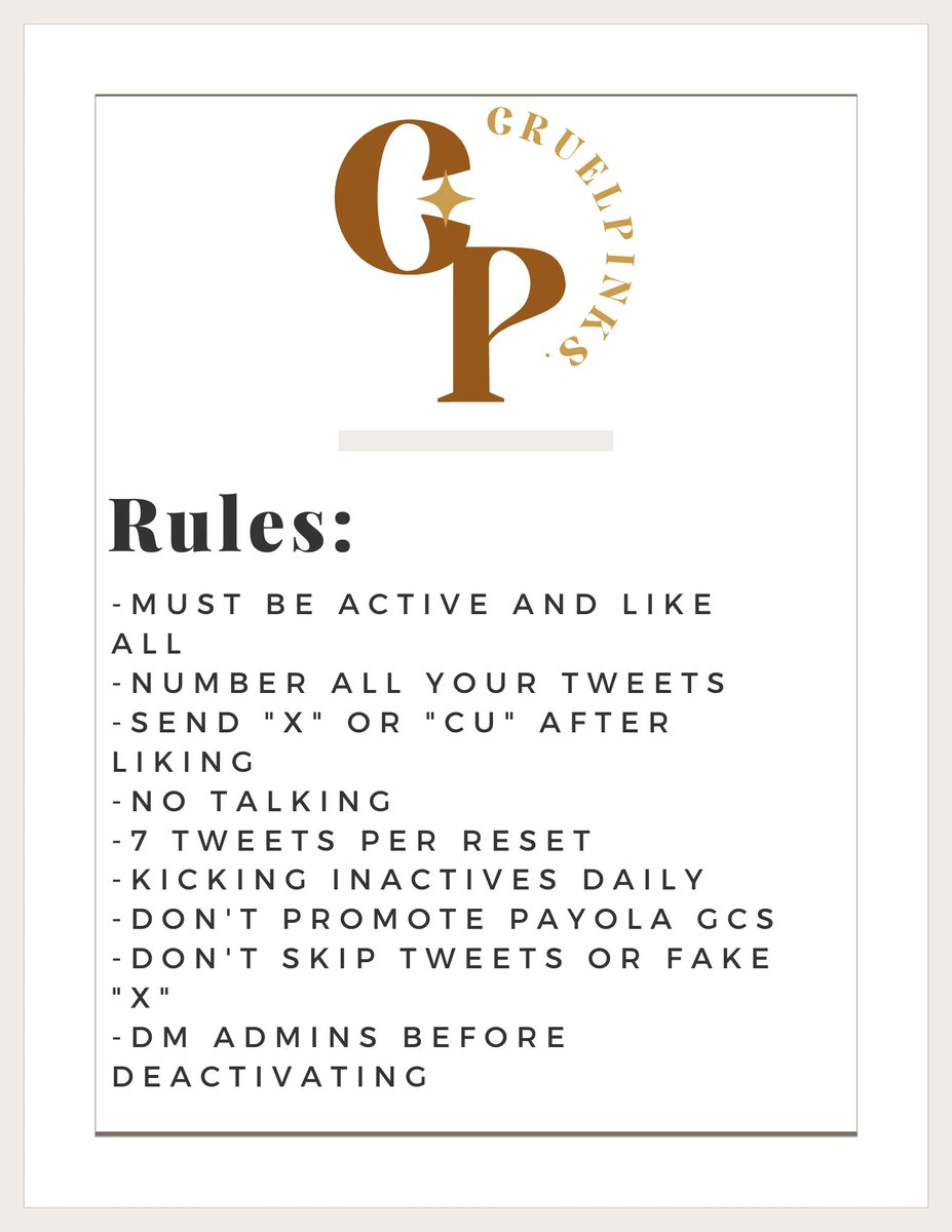 🚨RECRUITING FOR CRUELPINKS ACTIVE PAYOLA PROMO PLUG GC🚨

⁃RT and REPLY 
-TAG 2 MOOTS
⁃MUST follow admins: <a href="/CRUELPINKS/">CRUELPINKS/CLOSED</a> @jisoozion 
⁃Daily kicking ias
-70+ likes likes guaranteed (we check)
-fandom/fanwar tweets allowed 
-easy cu 
- STRICTLY for actives only!