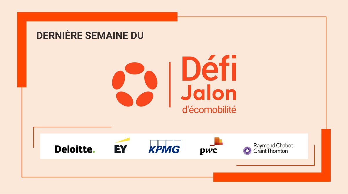 Le #défijalonécomobilité touche bientôt à sa fin, ce qui signifie que <a href="/DeloitteCanada/">Deloitte Canada</a>, <a href="/EYCanada/">EY Canada</a>, <a href="/KPMG_Canada/">KPMG Canada</a>, <a href="/PwC_Canada/">PwC Canada</a> et <a href="/RCGT/">Raymond Chabot Grant Thornton</a> entrent dans la dernière ligne droite! En joignant nos forces, il est possible d’atteindre une démarche responsable et durable! #jalon