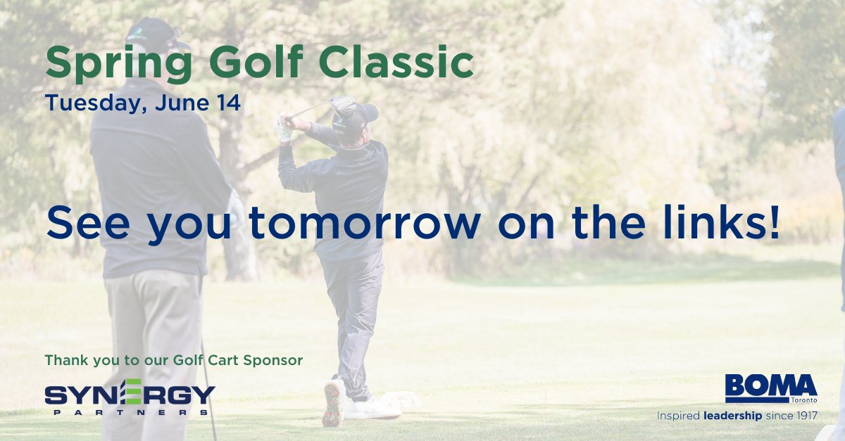 BOMA_Toronto's tweet photo. Tomorrow is our annual Spring Golf Classic at Station Creek and Bethesda Grange golf courses. Breakfast, lunch on the links, a 19th-hole reception, and dinner are included in this double-course event. Secure your last minute spot: https://t.co/N6nLjsJhBt #springgolfclassic #CRE https://t.co/2X7jOYidx5
