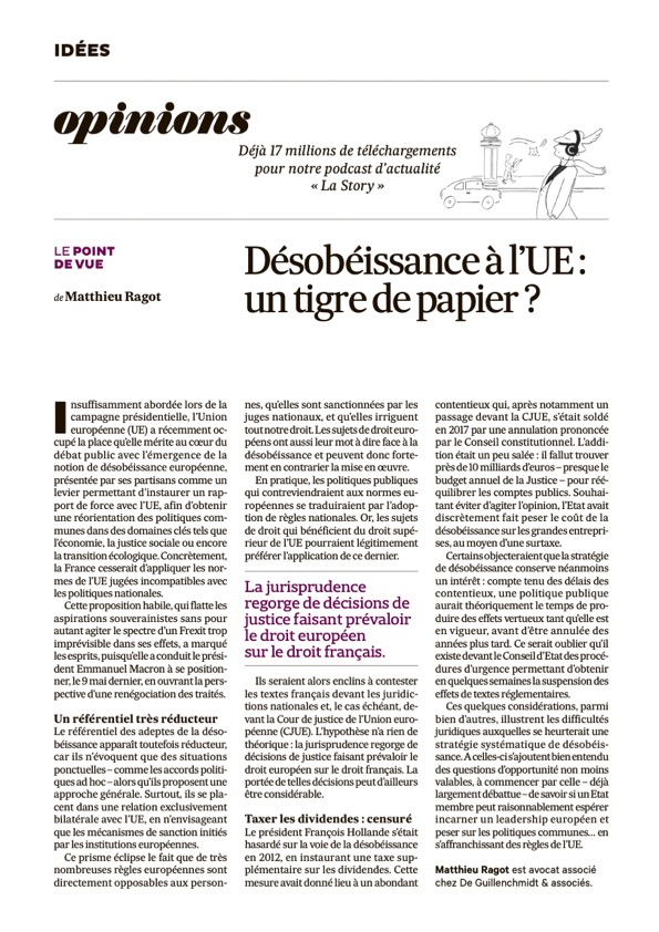 dgavocats's tweet photo. #Publication – “#Désobéissance à l’#UE : un tigre de papier ? » , dans son article publié dans @LesEchos, Matthieu Ragot revient sur quelques considérations qui illustrent les difficultés juridiques auxquelles se heurterait une stratégie systématique de désobéissance à l’UE 👇 https://t.co/66fJWM1oBL