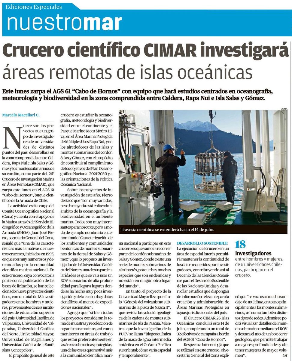 DGTM_Chile's tweet photo. ¿Lo leíste en @SomosNuestroMar?

Crucero científico CIMAR investigará áreas remotas de islas oceánicas

El AGS-61 Cabo de Hornos zarpa con equipo que hará estudios de oceanografía, meteorología y biodiversidad en la zona comprendida entre Caldera, Rapa Nui e Isla Salas y Gómez. https://t.co/lSWEVyc2Kb