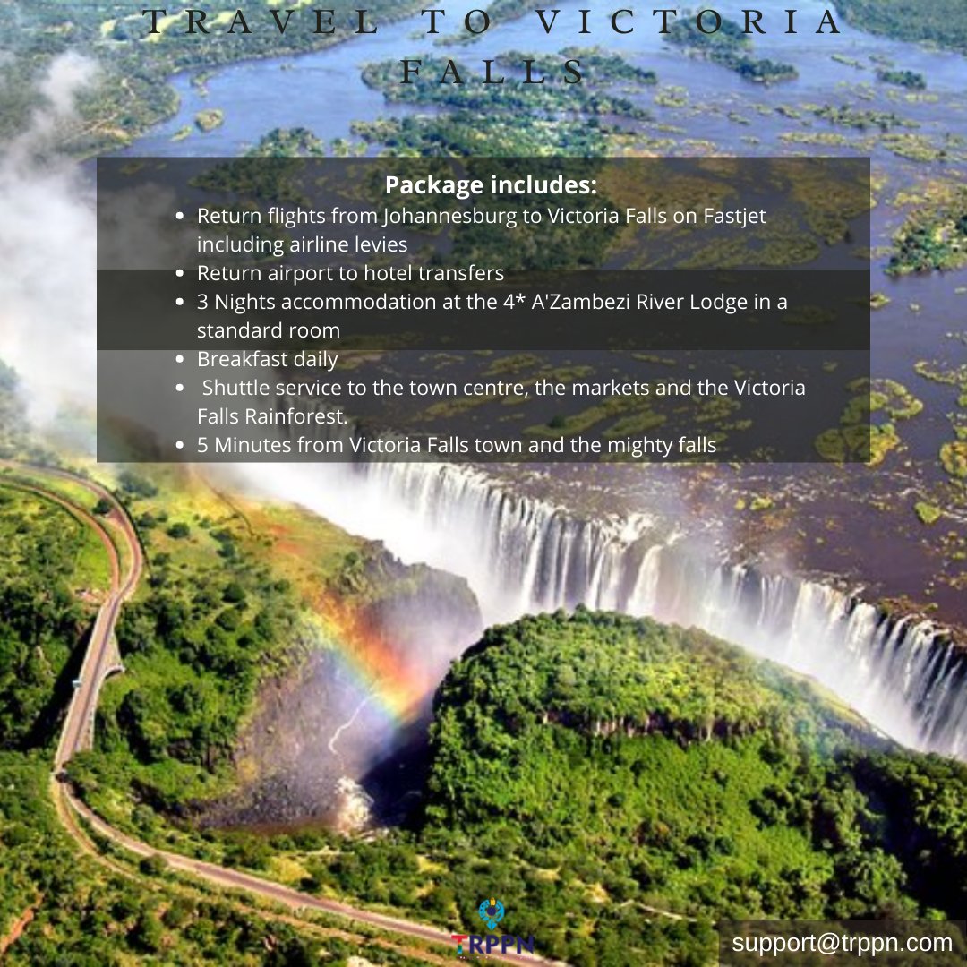 TrppnApp's tweet photo. Experience excellent lodging with your family, partner, or alone and visit Victoria Falls. Book with TRPPN and get return flights from Johannesburg to Victoria Falls on Fastjet including airline levies, breakfast daily and more.

Contact us for more information on this package. https://t.co/ooR80dRUWJ