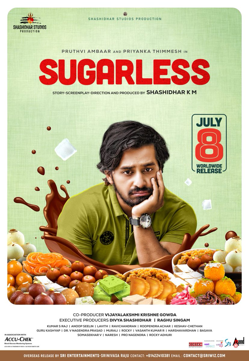 ShashidharProd's tweet photo. #Sugarless movie releasing worldwide on July 8th. 

#pruthviambar #priyankathimmesh @AmbarPruthvi @priyankathimme1 
@KaviratnaVNP @aanandaaudio @ColorsKannada @VootSelect #anupselin https://t.co/HUc8gChews