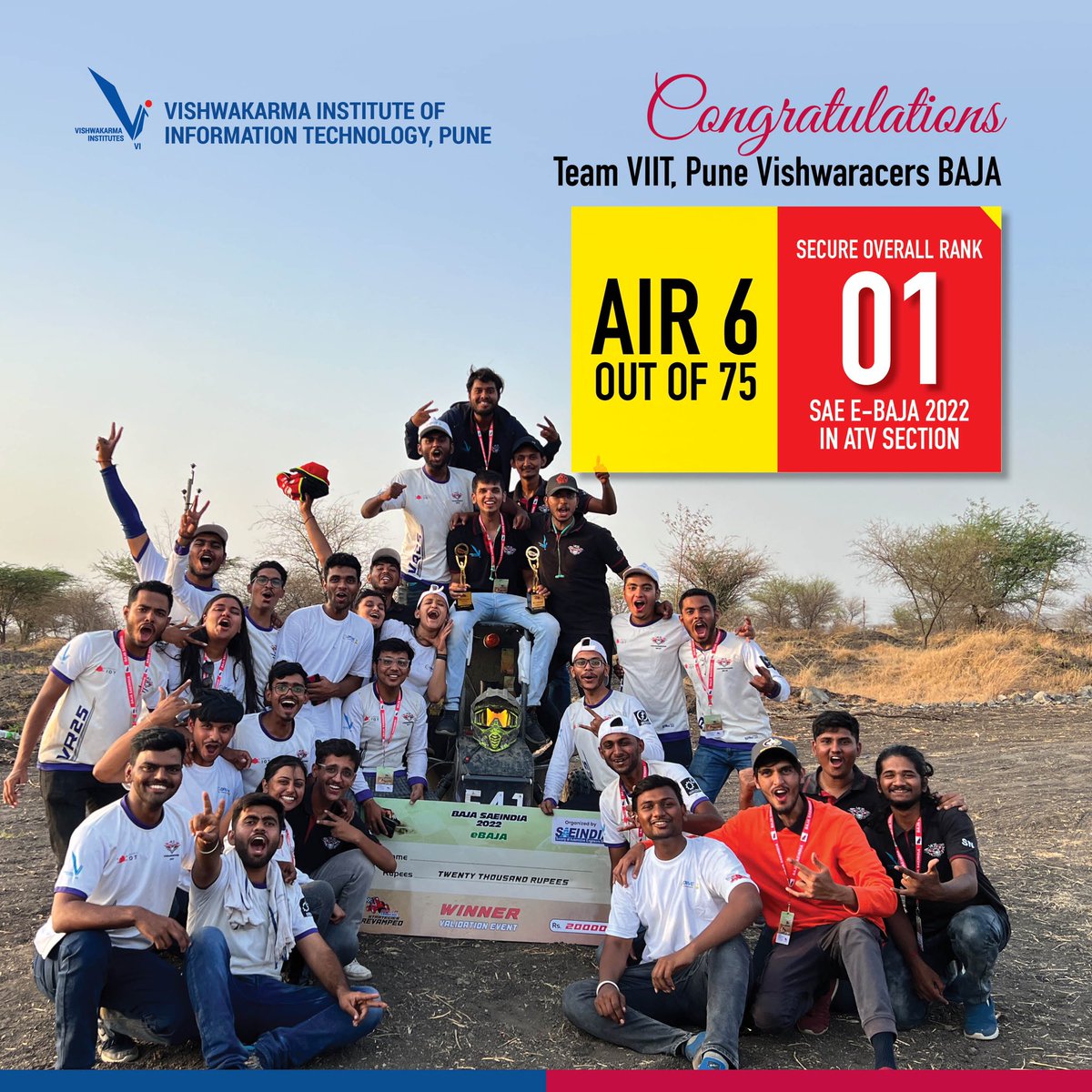 viit_pune's tweet photo. Congratulations Team VIT, Vishwaracers BAJA for winning AIR 6 out of 75 and securing overall rank 01 in SAE E-BAJA in ATV Section
#AIR6 #ATVSection #SAEEBAJA #vitpune #engineering #engineeringstudentslife #informationtechnology #punekars #punediaries #puneengineering #pune https://t.co/5SnU4y8Ggl