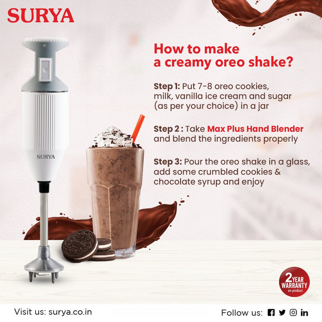 surya_roshni's tweet photo. Craving for a rich and thick oreo shake? Make it at home with Surya Max Plus Hand Blender.

Visit us at - https://t.co/pH3QJnkfBf  

#Surya #SuryaAppliances #OreoShake #Summers #HandBlender #HandBlendingMachine #ChocolateShakes #MaxPlusHandBlender #KitchenEssentials https://t.co/55KmCjL3lG