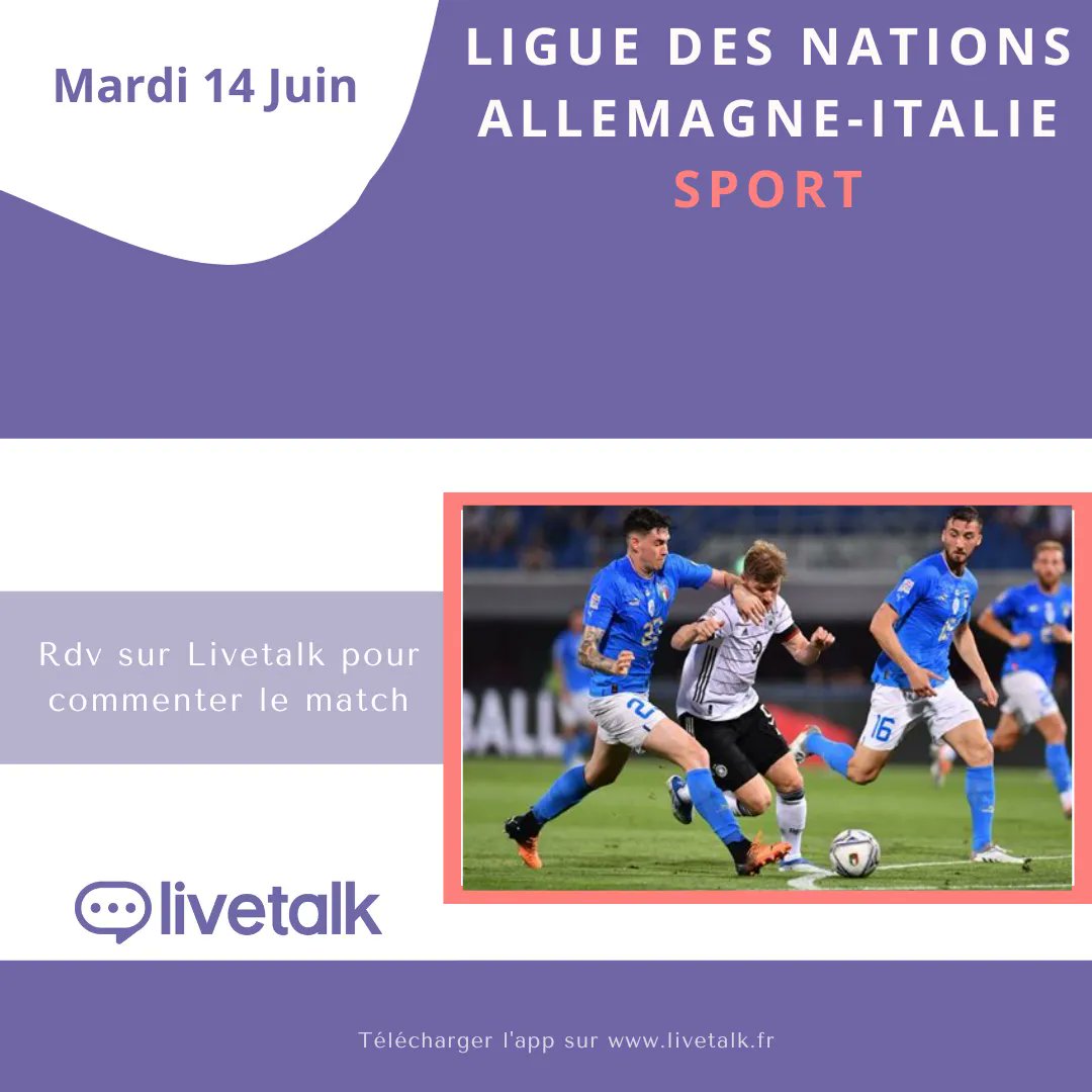 LivetalkTweet's tweet photo. ⚽️ RDV sur Livetalk pour commenter les matchs de la Ligue des Nations qui fait son grand retour!

Pour télécharger l'app ça se passe ici : https://t.co/0uM3AIHq4n 
 #LiguedesNations #Football #Sport #Jourdematch #But #TeamParieur #Foot #Allemagne #Italie #Europe #championnat https://t.co/JgGQIlKggc