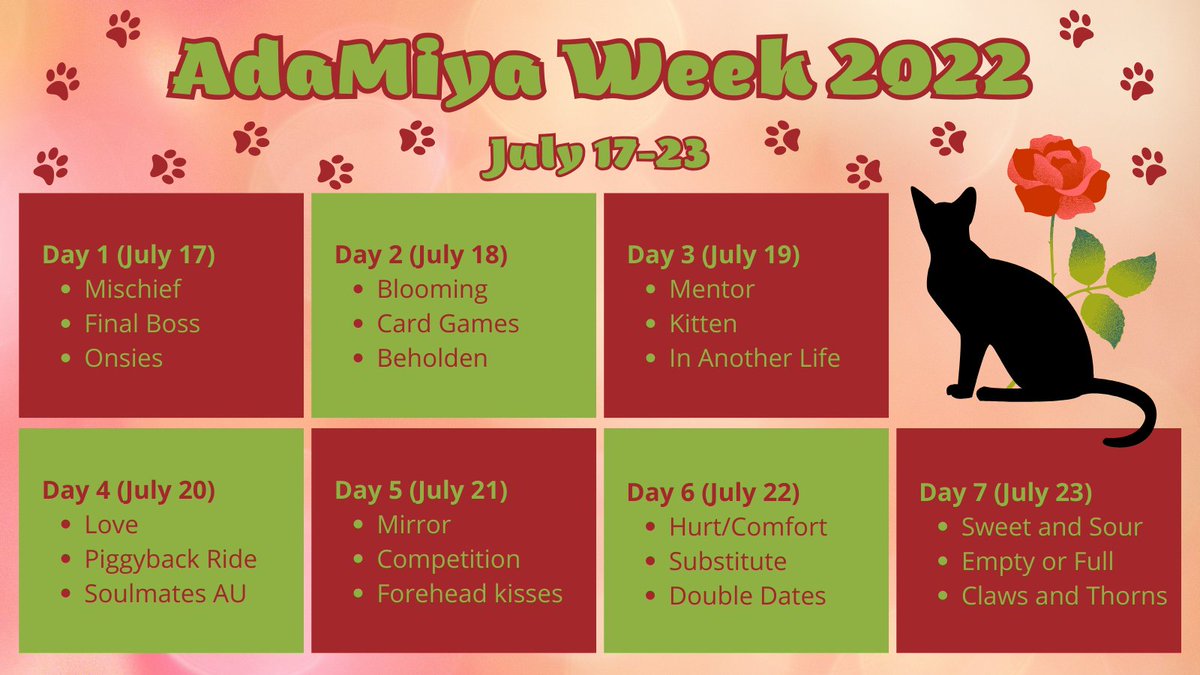 MiyaWeeks's tweet photo. 🌹🐱 AdaMiya Week 2022 🐱🌹
💚 2022 July 17 - July 23 💚
🔞 NSFW friendly! 🔞
#AdaMiyaWeek 

Event Carrd with all details, prompts, FAQ 🌹🐱
https://t.co/ekqIgiFe2s

🔃 Retweets are appreciated! 🔃
Let's spread this post to reach all AdaMiya fans!

#AdaMiya #LoveKitten #アダミヤ https://t.co/iX0NF4j2H0